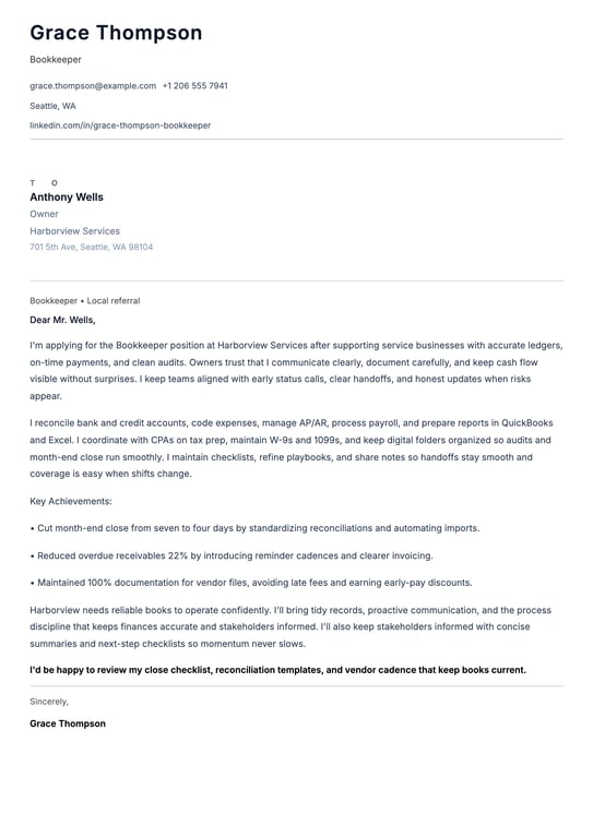 Bookkeeper Cover Letter Example