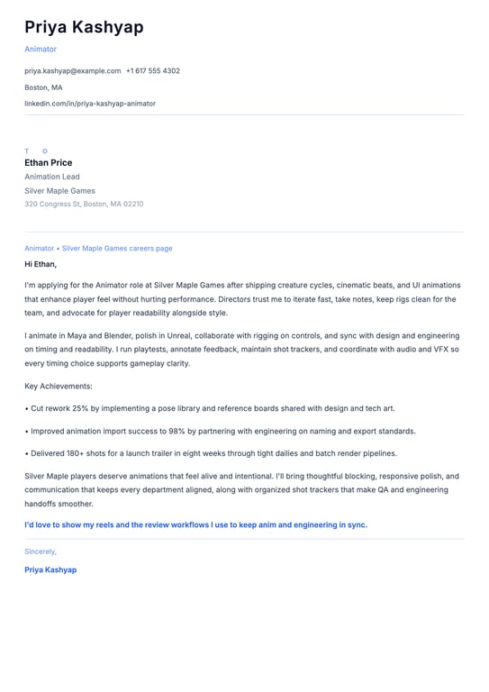 Animator Cover Letter Example