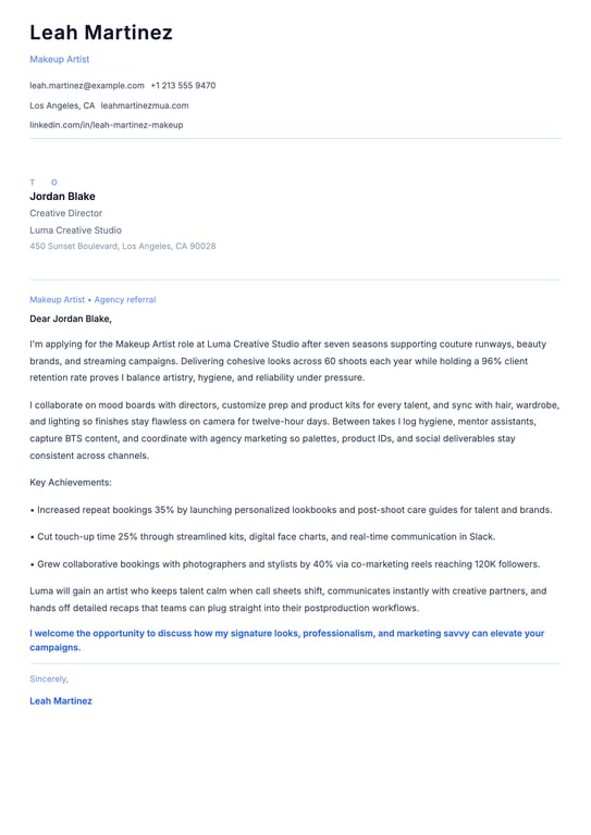 Makeup Artist Cover Letter Example