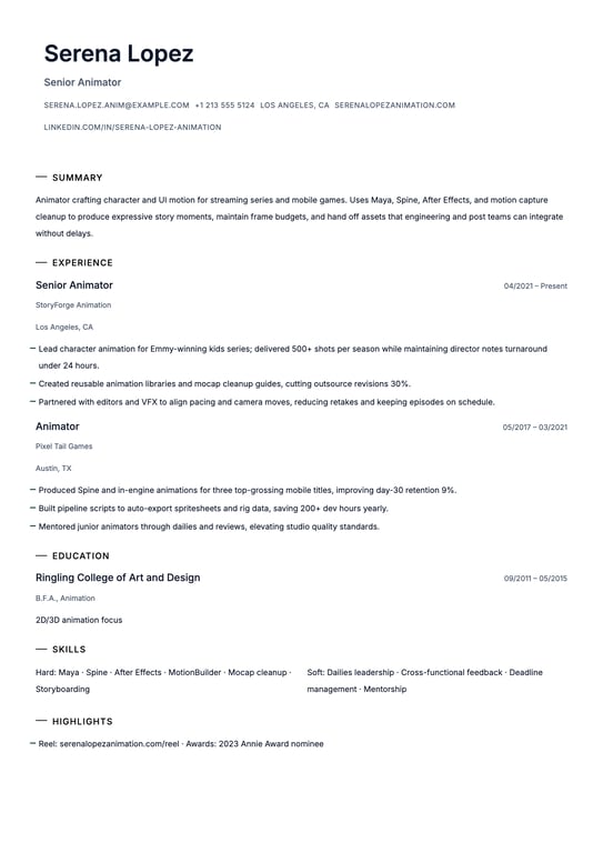 Animator Resume Example