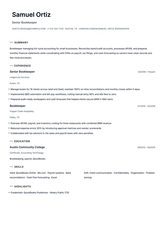 Bookkeeper Resume Example