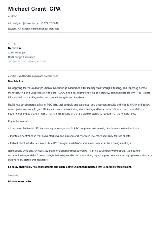 Auditor Cover Letter Example