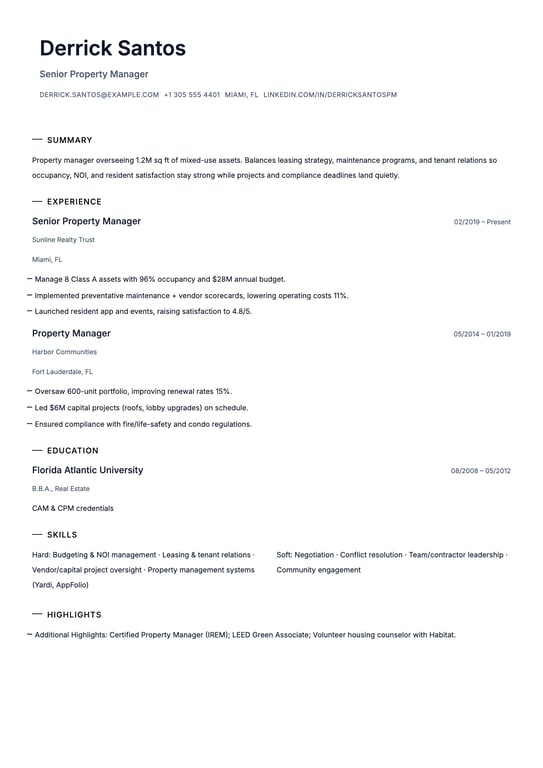 Property Manager Resume Example