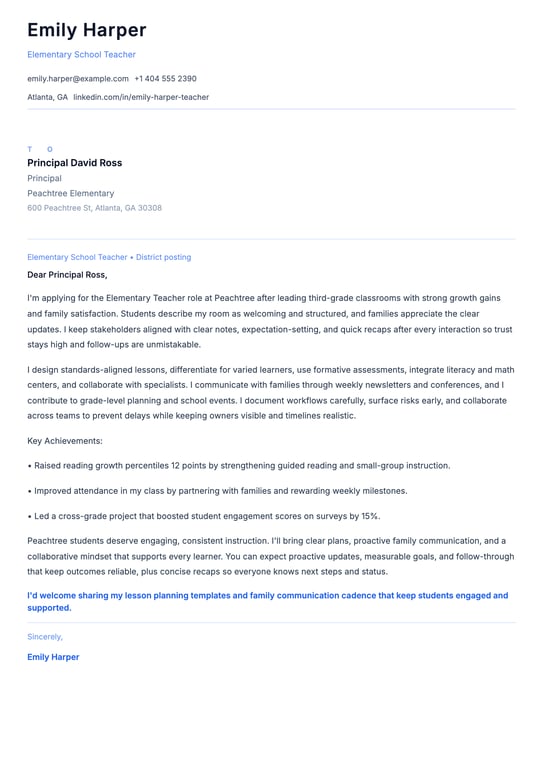 Elementary School Teacher Cover Letter Example
