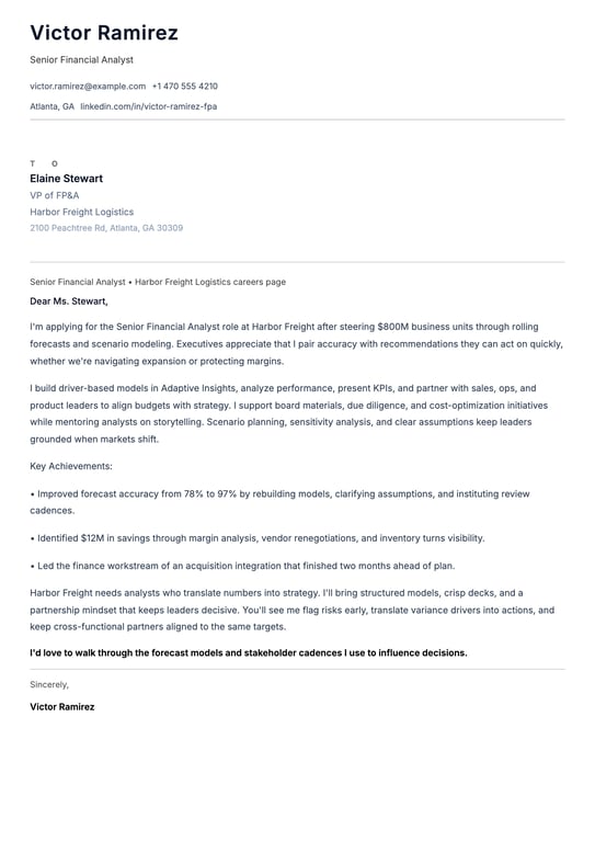 Senior Financial Analyst Cover Letter Example