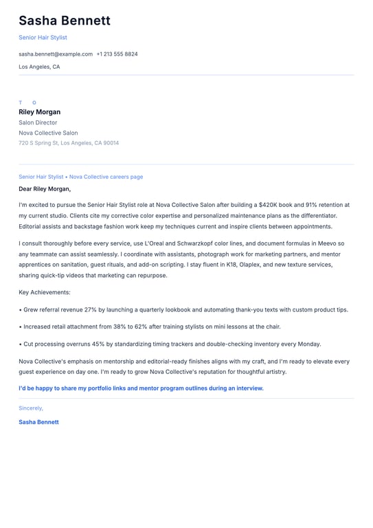 Hair Stylist Cover Letter Example
