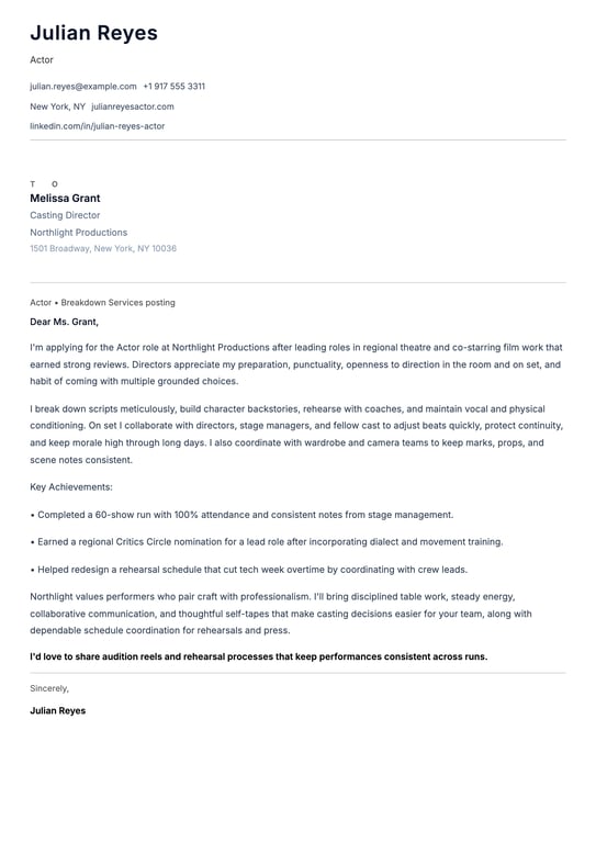 Actor cover letter example