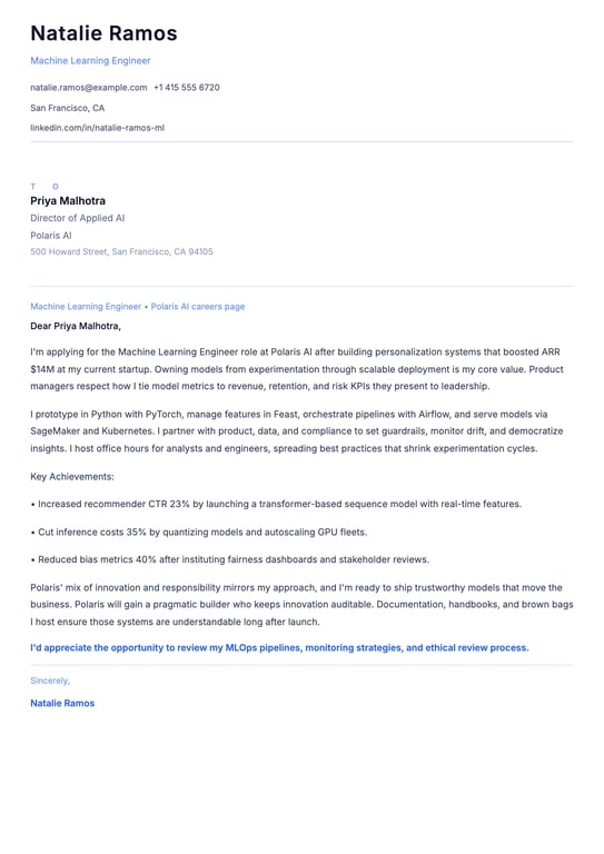 Machine Learning Engineer Cover Letter Example
