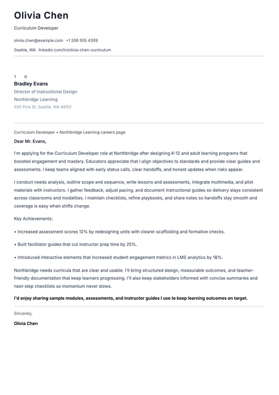 Curriculum Developer Cover Letter Example