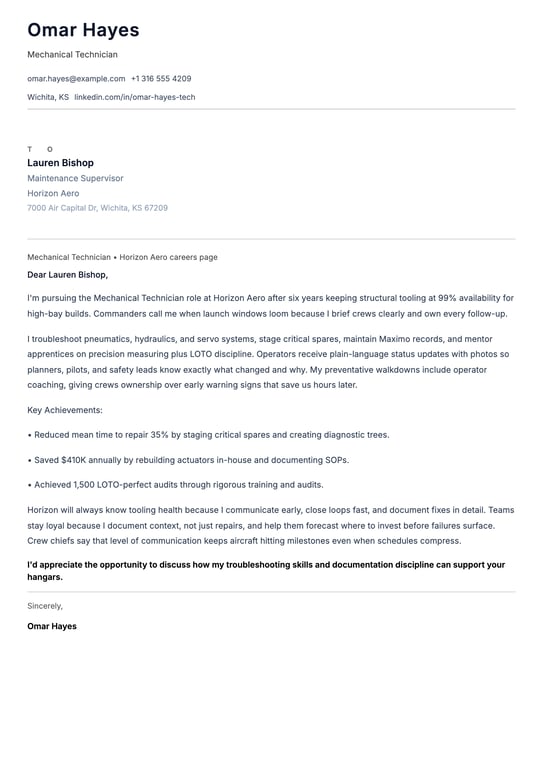 Mechanical Technician Cover Letter Example