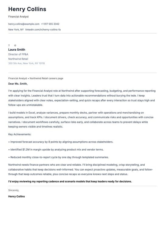 Financial Analyst Cover Letter Example