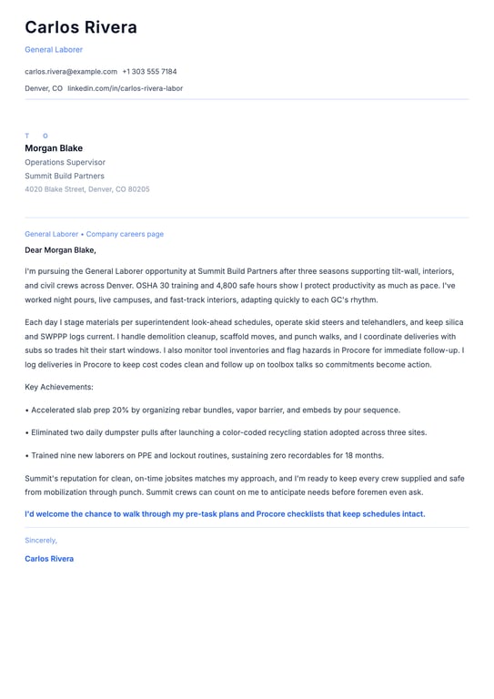 General Laborer Cover Letter Example