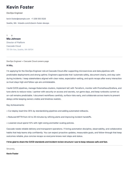 DevOps Engineer Cover Letter Example