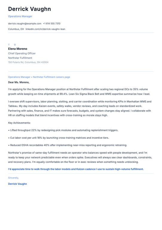 Operations Manager Cover Letter Example