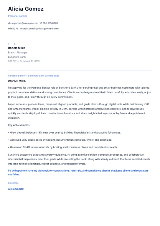 Banker Cover Letter Example