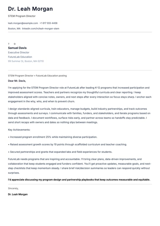 STEM Program Director Cover Letter Example