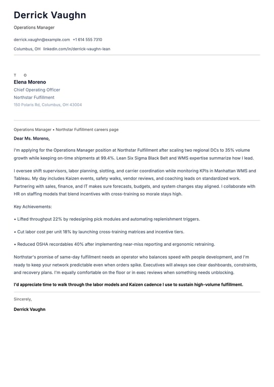 Operations Manager Cover Letter Example