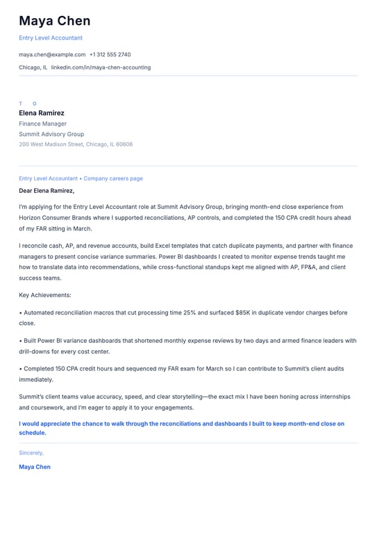 Entry Level Accountant Cover Letter Example