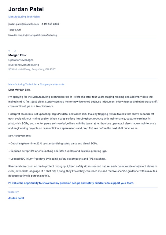 Manufacturing Technician Cover Letter Example