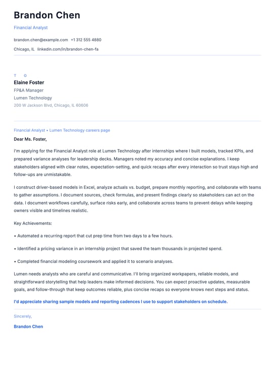 Entry Level Financial Analyst Cover Letter Example