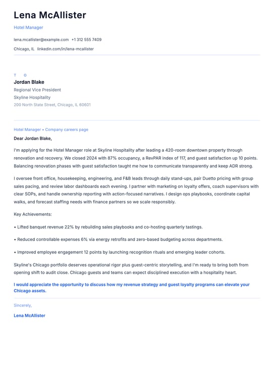 Hotel Manager Cover Letter Example