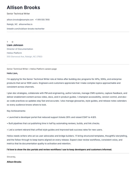Senior Technical Writer Cover Letter Example