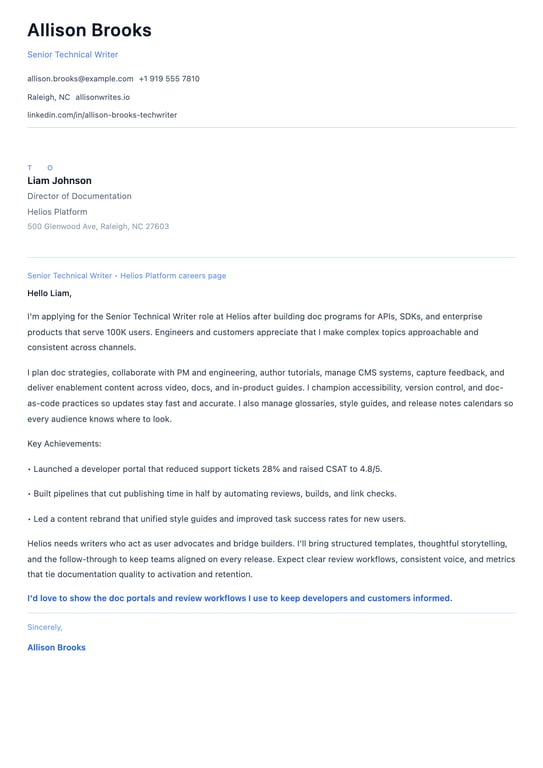 Senior Technical Writer Cover Letter Example