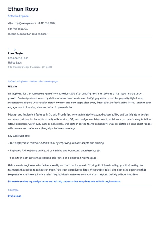 Software Engineer Cover Letter Example