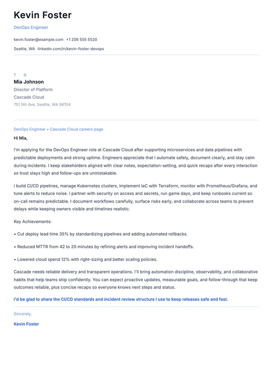 DevOps Engineer Cover Letter Example