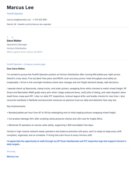 Forklift Operator Cover Letter Example