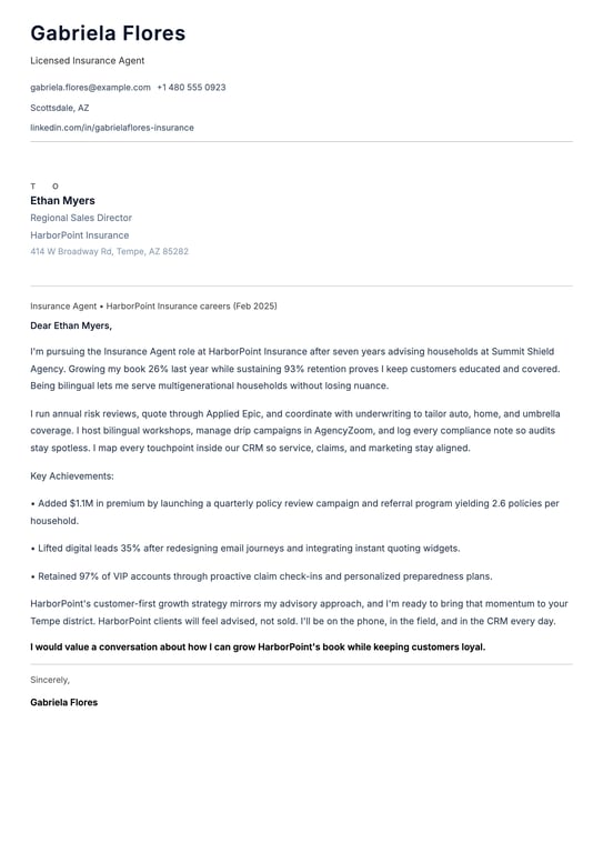 Insurance Agent Cover Letter Example