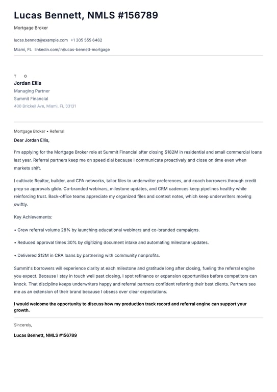 Mortgage Broker Cover Letter Example