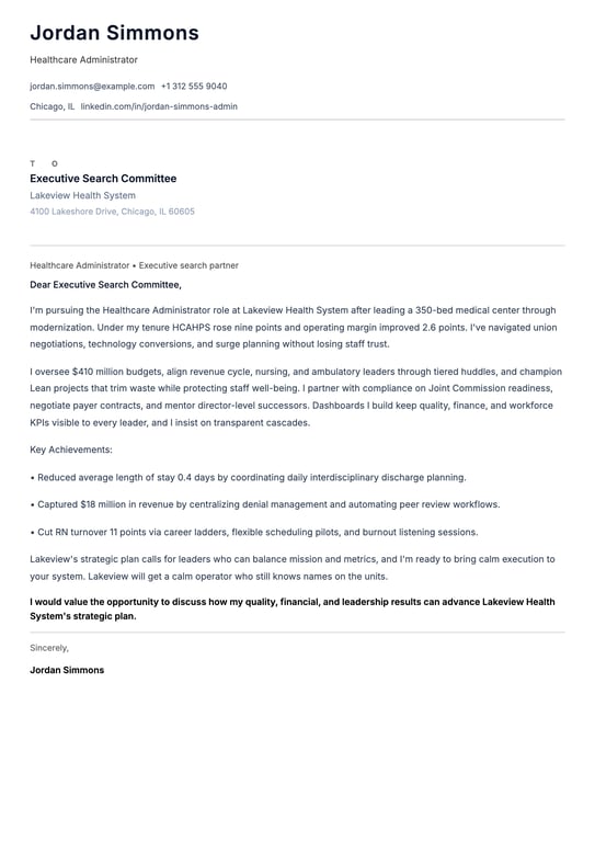 Healthcare Administrator Cover Letter Example