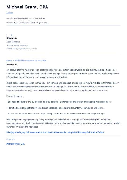 Auditor Cover Letter Example