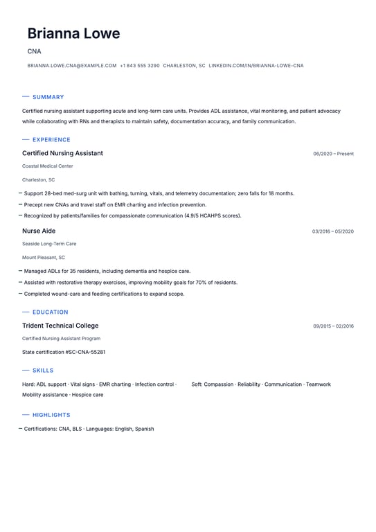 Certified Nursing Assistant Resume Example