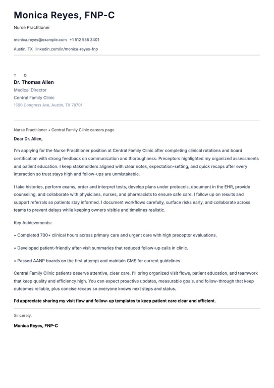 Entry Level Nurse Practitioner Cover Letter Example