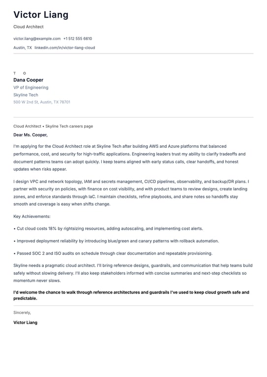 Cloud Architect Cover Letter Example