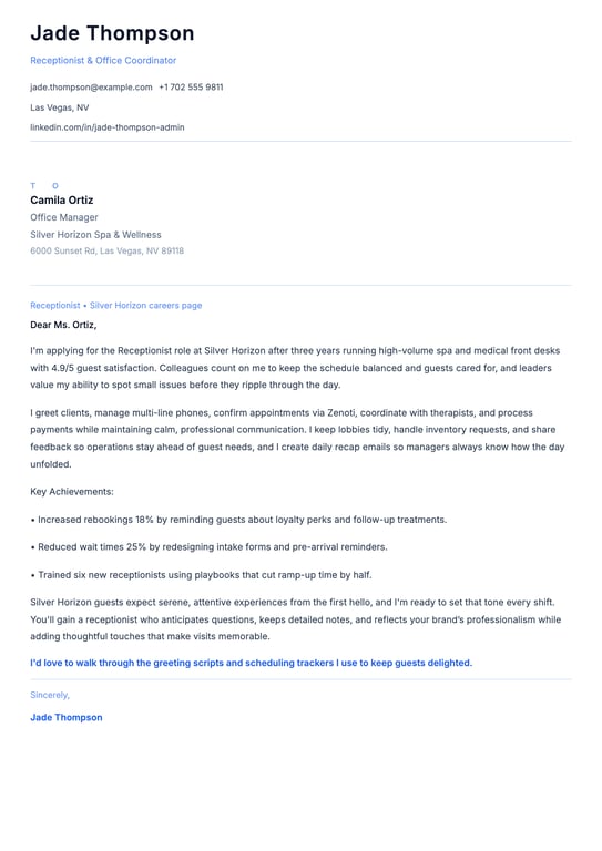 Receptionist Cover Letter Example