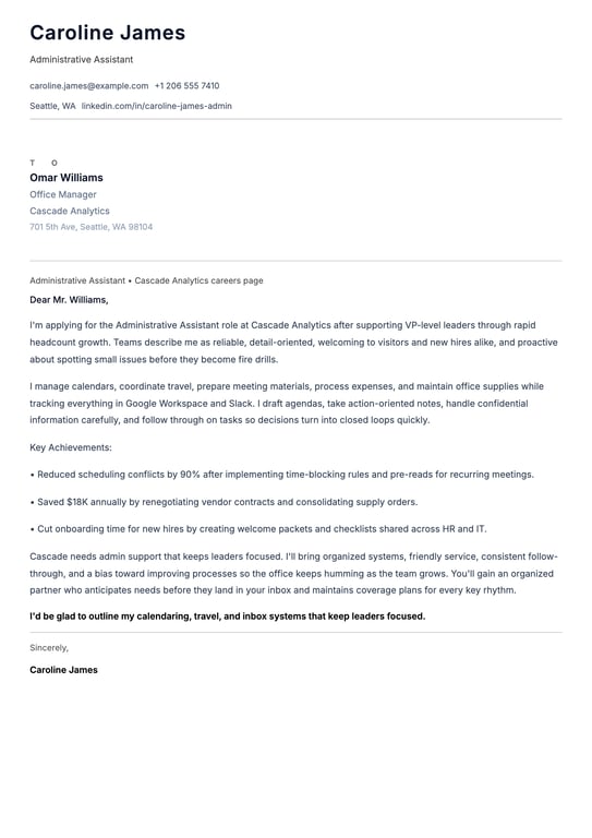 Administrative Assistant Cover Letter Example