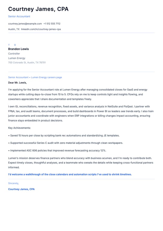 Professional Accountant Cover Letter Example