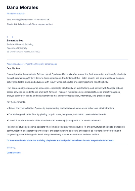 Academic Advisor cover letter example