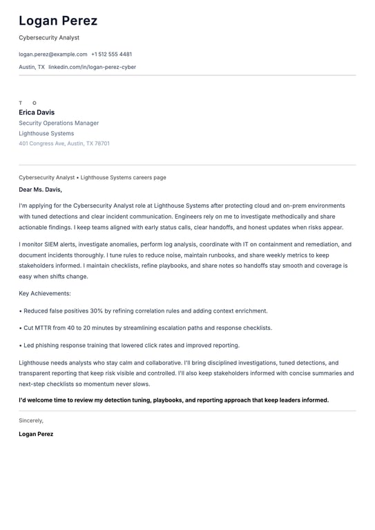 Cybersecurity Analyst Cover Letter Example