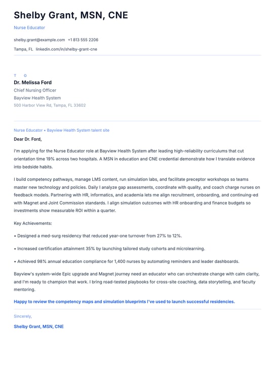 Nurse Educator Cover Letter Example