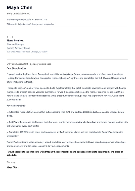 Entry Level Accountant Cover Letter Example