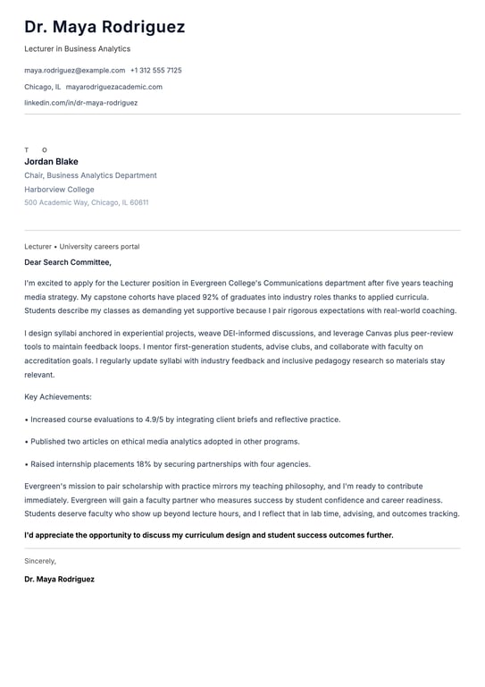 Lecturer Cover Letter Example