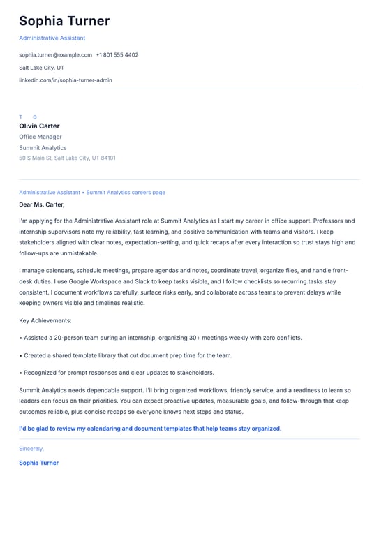 Entry Level Administrative Assistant Cover Letter Example