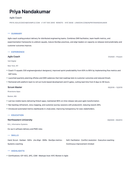 Agile Coach Resume Example