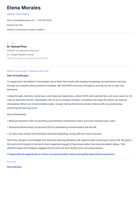Medical Technologist Cover Letter Example