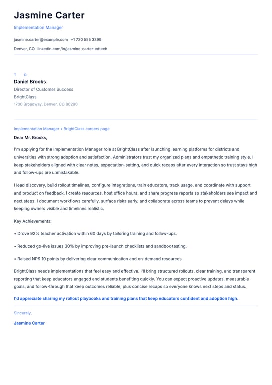 EdTech Implementation Manager Cover Letter Example