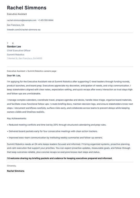 Executive Assistant Cover Letter Example